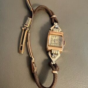 Vintage Ladies Lathin 17Jewels Rose Gold & Brown Cord Watch w/Diamond Accents